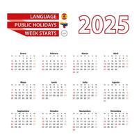 Calendar 2025 in Spanish language with public holidays the country of Venezuela in year 2025. vector
