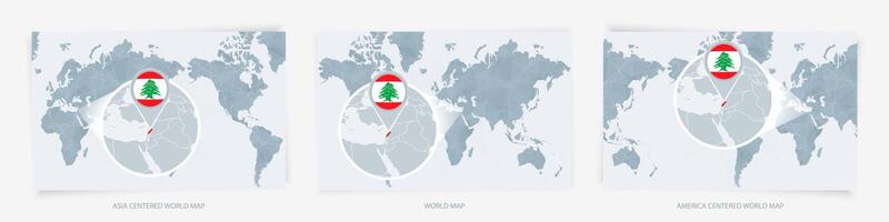 Three versions of the World Map with the enlarged map of Lebanon with flag. vector