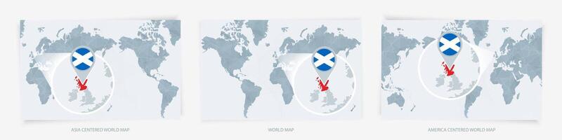 Three versions of the World Map with the enlarged map of Scotland with flag. vector