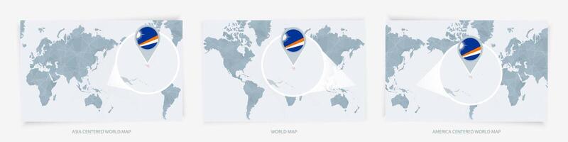 Three versions of the World Map with the enlarged map of Marshall Islands with flag. vector