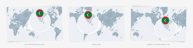 Three versions of the World Map with the enlarged map of Maldives with flag. vector