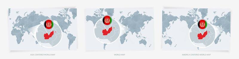 Three versions of the World Map with the enlarged map of Afghanistan with flag. vector
