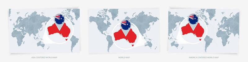 Three versions of the World Map with the enlarged map of Australia with flag. vector