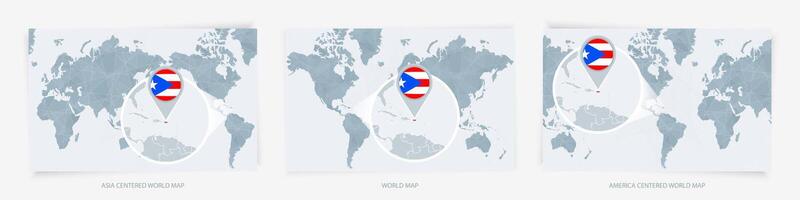 Three versions of the World Map with the enlarged map of Puerto Rico with flag. vector