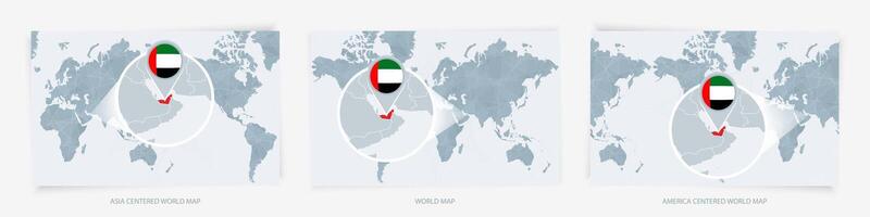 Three versions of the World Map with the enlarged map of United Arab Emirates with flag. vector