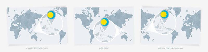 Three versions of the World Map with the enlarged map of Palau with flag. vector