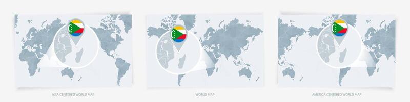 Three versions of the World Map with the enlarged map of Comoros with flag. vector