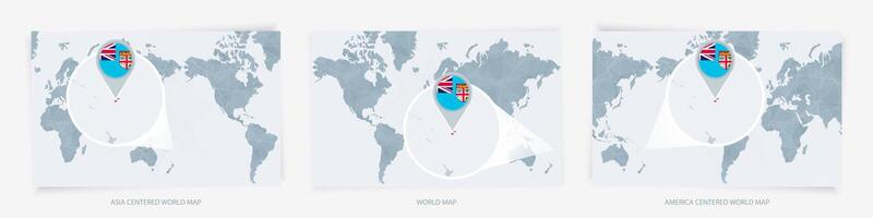 Three versions of the World Map with the enlarged map of Fiji with flag. vector