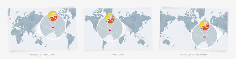 Three versions of the World Map with the enlarged map of Bhutan with flag. vector