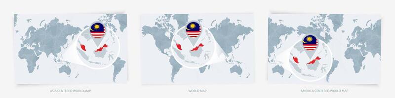 Three versions of the World Map with the enlarged map of Malaysia with flag. vector