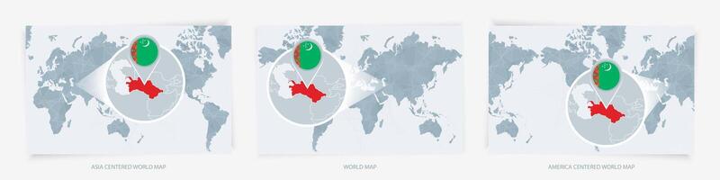 Three versions of the World Map with the enlarged map of Turkmenistan with flag. vector