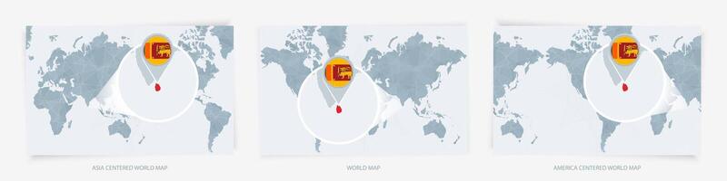 Three versions of the World Map with the enlarged map of Sri Lanka with flag. vector