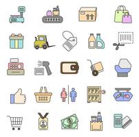 Collection of flat color icons with dark outline for shopping. Set of shopping icons. vector