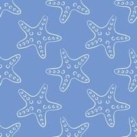 Seamless starfish pattern with dotted details in a line art style on a blue background. Perfect for marine design, beach theme, textile, wrapping, wallpaper and summer decoration. vector