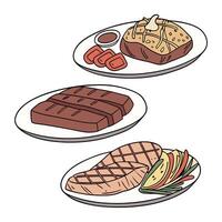 Three plates with meat and vegetables vector