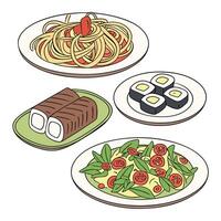 A set of plates with food on them vector