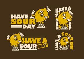 Happy lemon mascot with peace hand symbol. Have a sour day. Retro illustration in 4 type vector