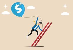 Ladder of success, successful businessman climbing ladder to clouds to catch balloon with dollar bill, financial goal achievement or investor seeking profit and return on investment concept. vector