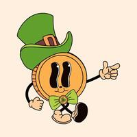 A retro cartoon-style coin with a green hat and bow tie, designed as a St. Patrick's Day mascot vector
