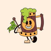A retro cartoon-style beer with a green face and a flag, designed as a St. Patrick's Day mascot. vector