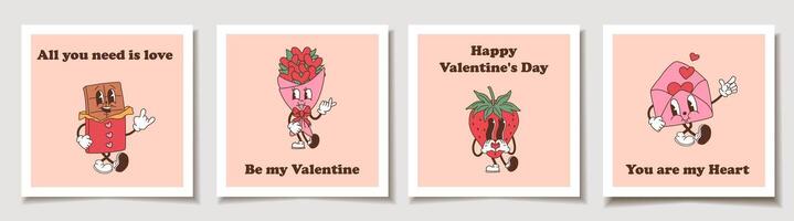 Set of Valentine's day cards with retro cartoon characters designed as Valentine's Day mascots vector