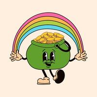 A retro cartoon style coin with a pot of gold and a rainbow, designed as a St. Patrick's Day mascot vector