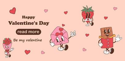 Web page design template. Retro cartoon characters. Happy Valentine's Day vector