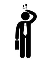 stickman drawing conceptual illustration of man or businessman thinking and asking yourself. Question marks are coming from his head. icon silhouette. vector