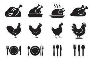 Chicken icon and fork spoon set vector