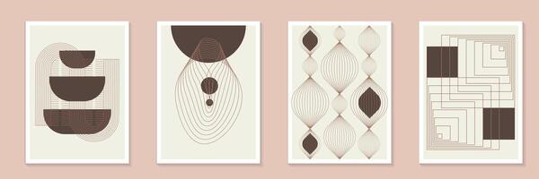 Mid century modern abstract element poster background set. Pantone mocha mousse Minimalist geometric style cover template with Aesthetic contemporary stripe line art. Perfect design for decor vector