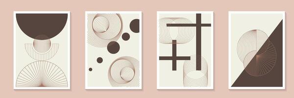 Trendy minimal element mid century poster background set. Color of the Year mocha mousse Minimalist geometric style cover template with monochrome lines and transitions wall art collection. vector