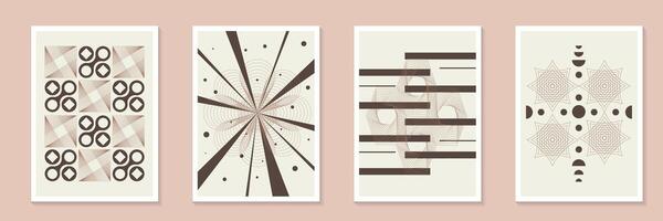 Mid century modern abstract element poster set. Pantone Color of the Year mocha mousse Minimalist geometric style cover template with Aesthetic contemporary stripe line art. Ideal design for decor vector