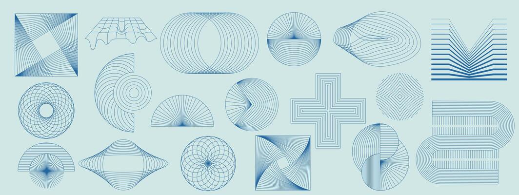 Hand drawn abstract mid century modern minimal element set in blue shades . Aesthetic modern striped line art, geometric shapes in monochrome. Perfect design collection for interior, poster, print