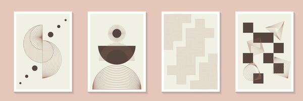 Trendy minimal element mid century poster background set. Pantone mocha mousse Minimalist geometric style cover template with monochrome lines and transitions wall art collection. vector