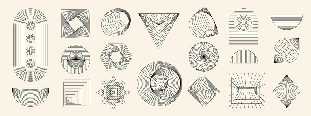 modern minimal element mid century set in dark shades. Aesthetic modern striped line art, geometric shapes in monochrome. Perfect design collection for home decor, interior, cover, poster, print