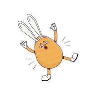 Groovy character easter egg with bunny ears. Flat illustration of a walking character wearing gloves vector