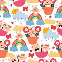 seamless pattern cute cartoon bunny and pig with sky element. cute animal drawing for wallpaper, pattern, background vector