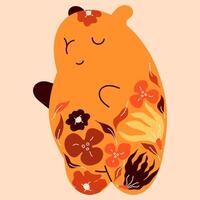 Kawaii cutie capybara with simple flowers. vector