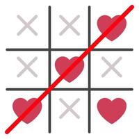 Tic tac toe XO game with red hearts and crosses on a completed board, designed with a cute style, symbolizing love and affection, for Valentine's Day designs, isolated on a white background vector