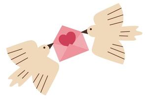 Two love birds with pink envelope with red heart,love and connection, playful minimal design in cute style for Valentine's Day, romance and affection concepts, isolated icon on white background vector