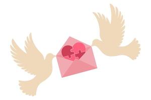 Two doves with a pink envelope and red heart puzzle, minimal design in cute style for Valentine's Day, romance, affection,connection and love concepts, isolated icon on white background vector