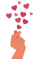 A hand gesture of love with floating hearts in red colors, designed in a cute style for Valentine's Day, featuring a love, affection, and romance concept, isolated icon on a white background vector