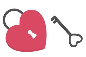 Heart shaped padlock and key in red colors symbolize love, affection, and security, designed in a cute style for Valentine's Day, featuring a romance concept, isolated icon on white background vector
