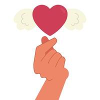 Hand making a gesture with a red heart with wings, minimal design in cute style for Valentine's Day, romance, affection and love concepts, isolated icon on white background vector