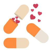 Colorful capsules with red hearts symbolize love, healthcare, and medication, minimal designs in cute style for Valentine's Day, romance and affection concepts, isolated on a white background vector