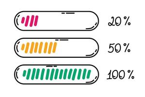 Three loading bars with different percentages 20, 50, 100, progress element. Sketch, hand drawn style. vector