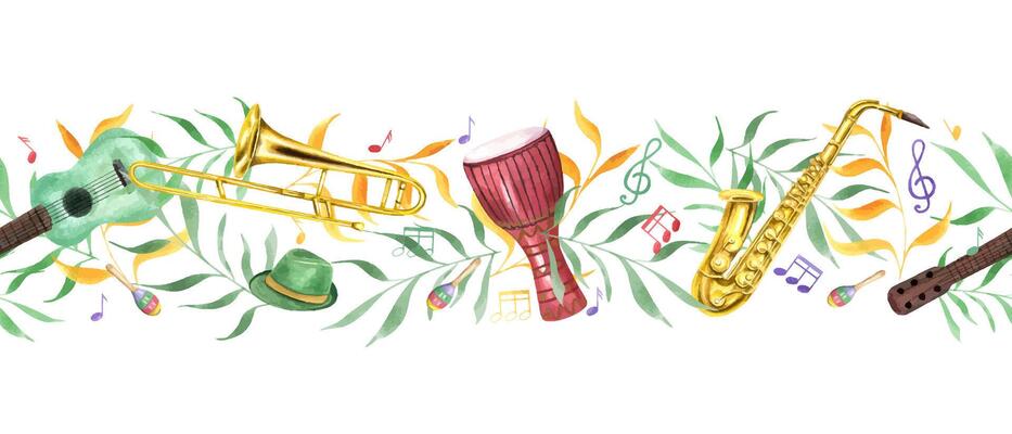 Watercolor six string guitar, djembe drum, trombone, hats, maracas, musical notes among abstract foliage seamless banner. Mardi Grass, Brazilian carnival musical instruments pattern illustration