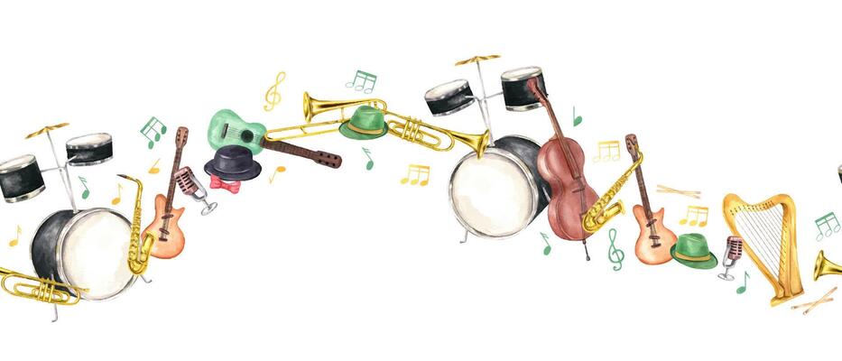 Watercolor musical classical instruments, colored hats, retro music microphone and flying musical notes seamless banner. Orchestra equipment pattern for jazz, rock festival decor