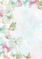 Hand painted fluttering delicate abstract butterflies vertical rectangle frame isolated on watercolor backdrop. Colored tropical insect illustration for greeting cards. Empty space for text. vector