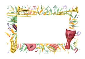 Watercolor carnival music percussion and wind instruments, musical notes among abstract colored foliage rectangle frame. Mardi Grass, Brazilian carnival illustration with copy space for text. vector